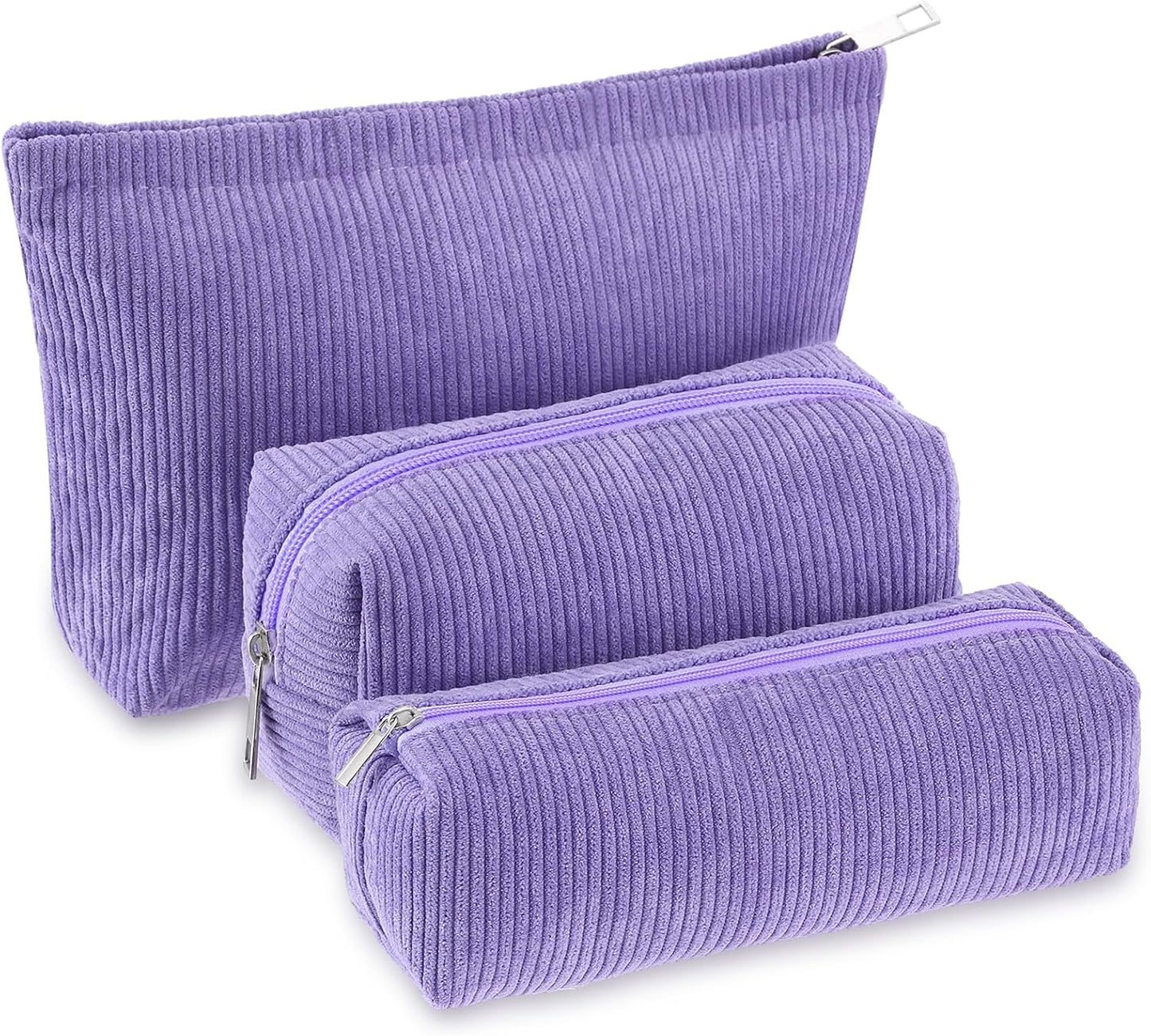 3 Pcs Makeup Bag Set for Women Corduroy Cosmetic Pouch Aesthetic Smile Travel Toiletry Bag Cute Purse Pouch Pencil Case Makeup Brushes Storage Organizer for Christmas(Purple,Solid Style)
