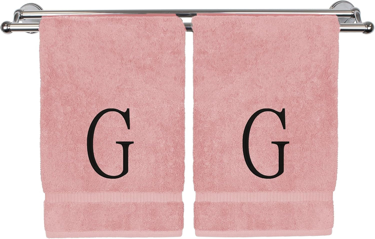 Monogrammed Hand Towel, Personalized Initial Gift, Extra Absorbent 100% Turkish Cotton - Soft Terry Finish - Set of 2 - Black Block Initial G - Embroidered on Pink Towels