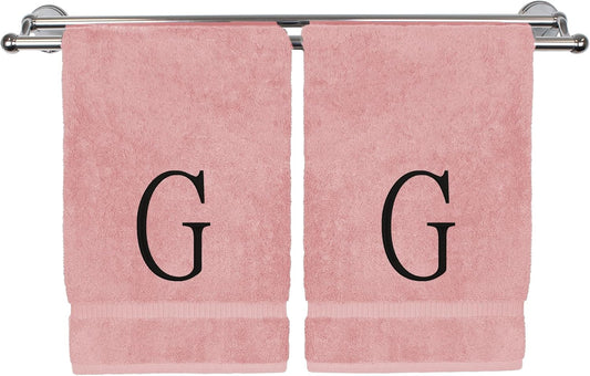 Monogrammed Hand Towel, Personalized Initial Gift, Extra Absorbent 100% Turkish Cotton - Soft Terry Finish - Set of 2 - Black Block Initial G - Embroidered on Pink Towels