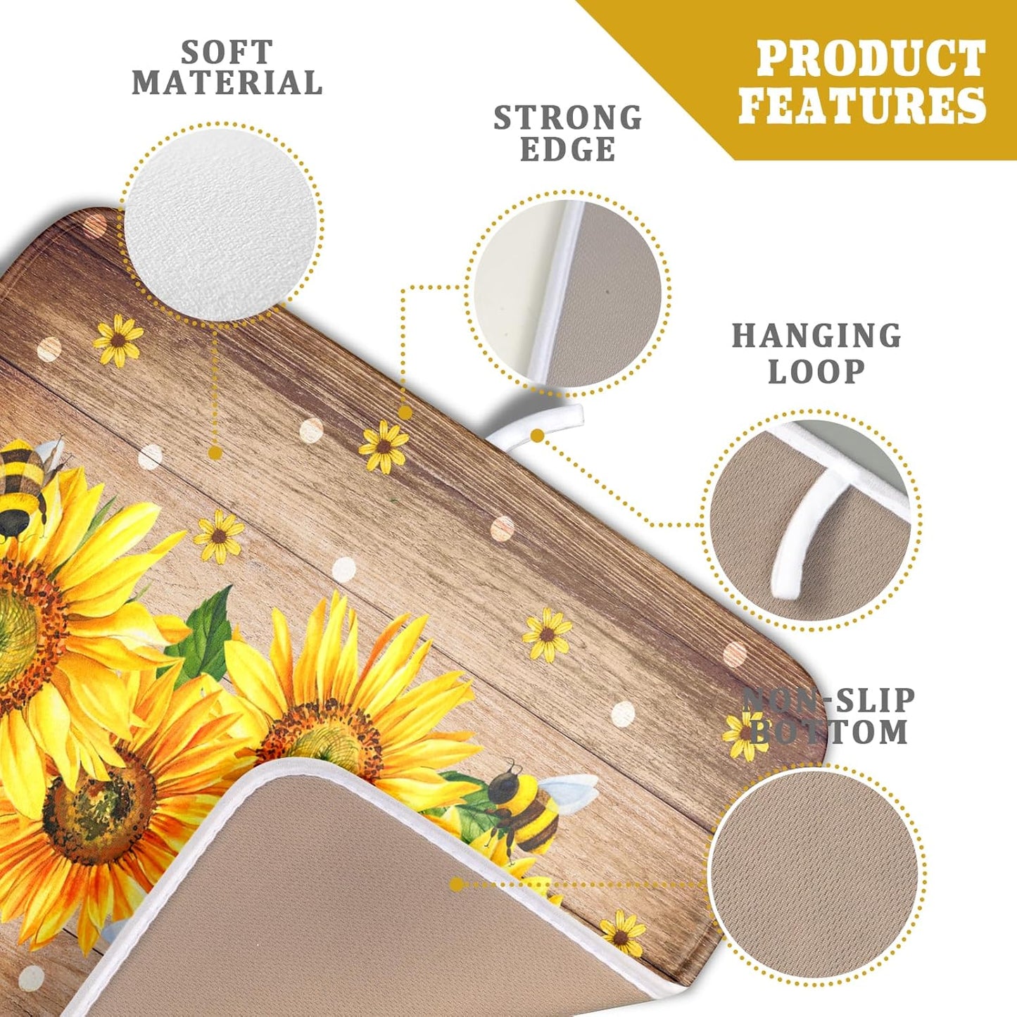 Sunflower Bee Dish Drying Mat for Kitchen Counter Home 16x18 Inch Wood Barn Microfiber Drainer Rack Mats Washable Absorbent Dish Dry Pad