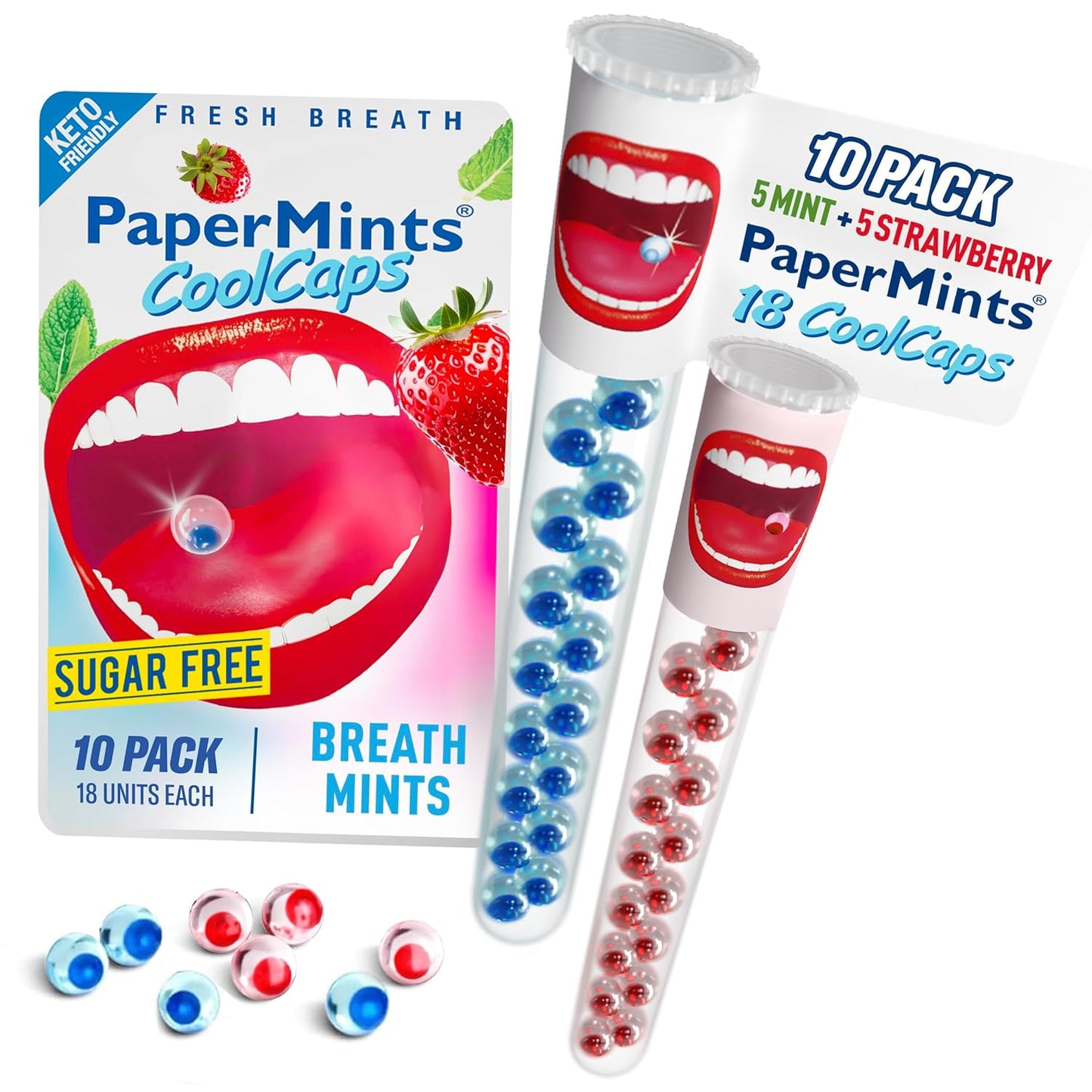 PaperMints CoolCaps Instant Fresh Breath Mints Sugar-Free Breath Freshener, Chronic bad breath treatment for adults, Dry Mouth product. Variety pack - 10 Tubes of 18 capsules