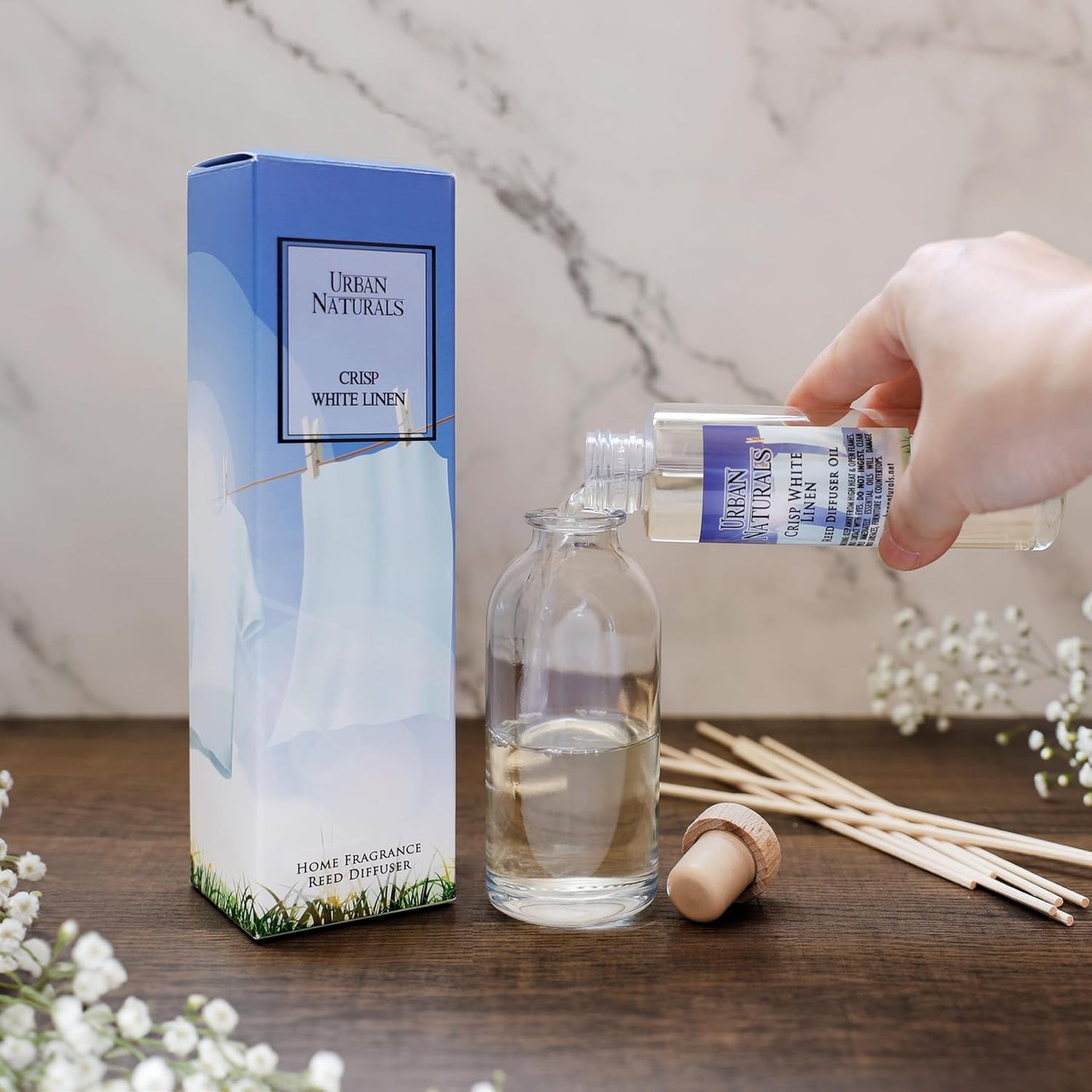 Urban Naturals Baby Powder Bliss Reed Diffuser Set | Made with Essential Oils & Real Botanicals | Powdery Floral Notes, Rose, Geranium, Musk & Cedar | Makes a Great Gift | Made in The USA