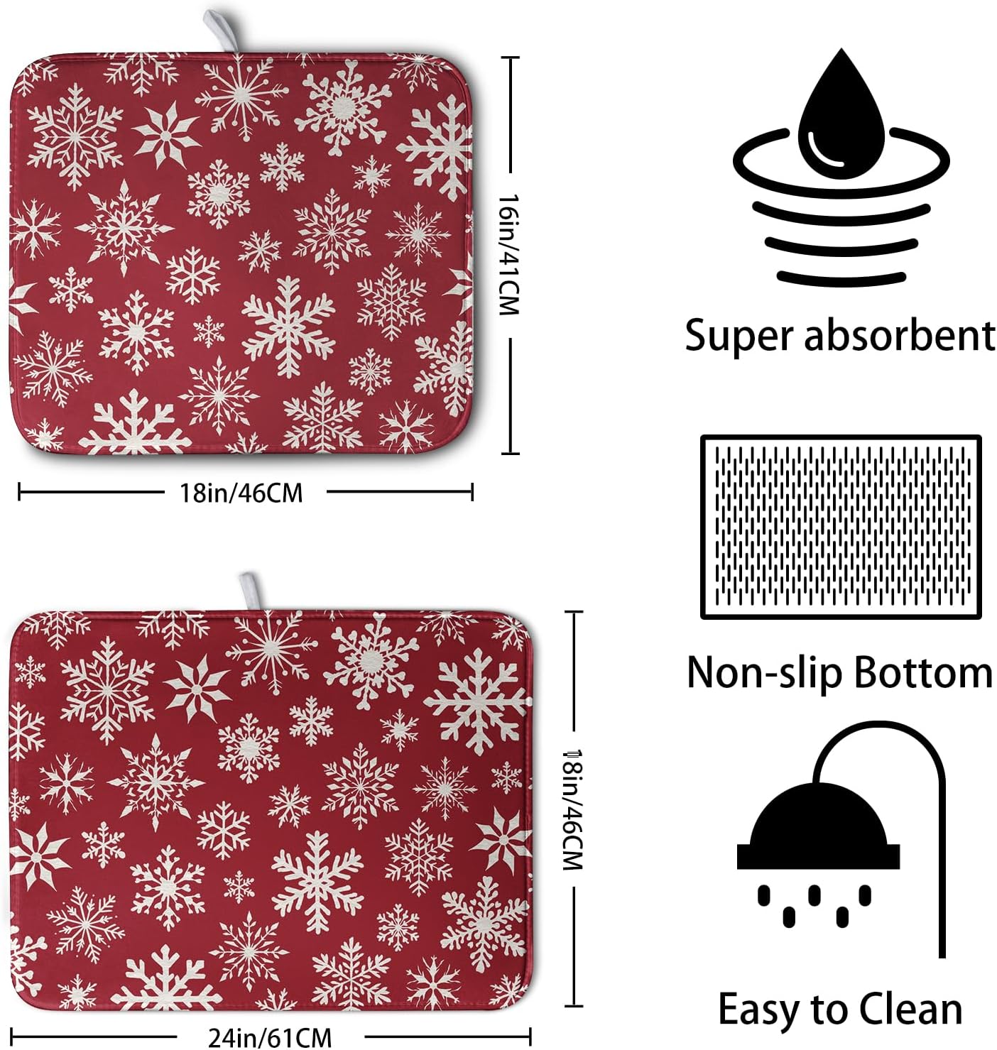 Christmas Snowflakes Dish Drying Mat for Kitchen Counter 16x18 Inch Red White Winter Xmas Pattern Dish Drying Pad for Dishes Microfiber Absorbent Dish Drainer Rack Mats for Countertop
