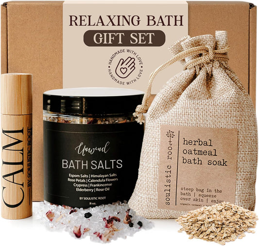 Soulistic Root Relaxing Bath Gift Set, Luxury Spa Gifts for Women, Self Care Products for Women and Men, Calm Essential Oil Roller, Oatmeal Lavender Bath Soak & Epsom Salts with Essential Oils