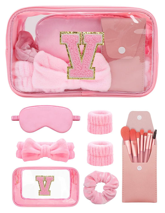 Gift Sets for Women, Initial Makeup Bag with Makeup Brush Set Bachelorette Party Favors, Pink Spa Kit with Skincare Headbands Wrist Bands Sleepover Party Supplies Gifts for Teen Girls Bridesmaid V