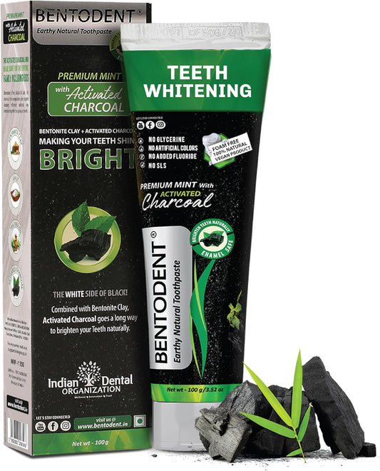 BENTODENT TOOTHPASTE Teeth Whitening Bentonite Clay & Activated Charcoal Toothpaste - Natural Teeth Whitening Toothpaste, No Fluoride & No SLS Vegan, 3.52 oz