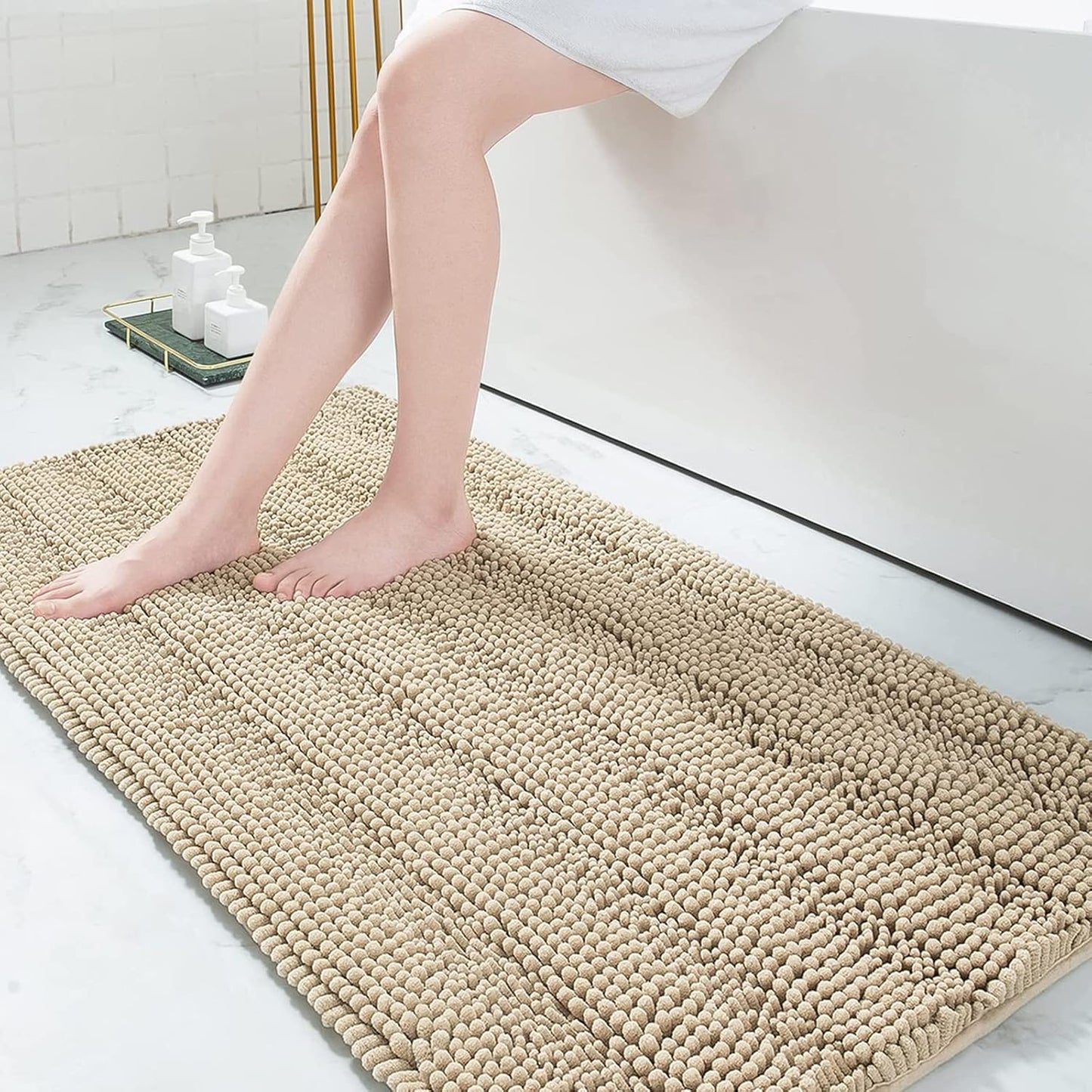 Grandaily Chenille Striped Bathroom Rugs 59x24, Extra Thick and Absorbent Bath Mats, Non-Slip Soft Plush Shaggy Shower Carpet, Machine Wash Dry, Bath Rug for Bathroom, Beige