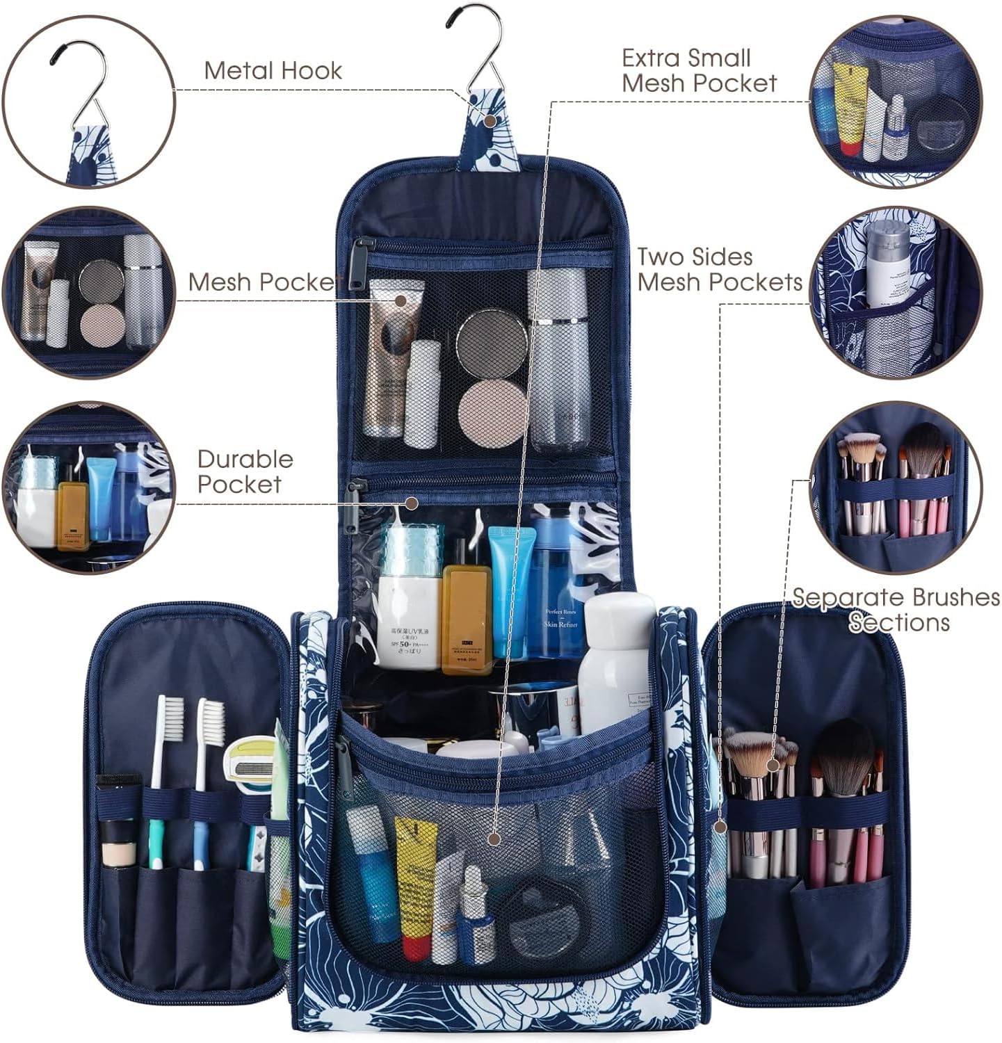 Narwey Hanging Toiletry Bag for Women Travel Makeup Bag Organizer Toiletries Bag for Cosmetics Essentials Accessories (Large, Blue Lotus)