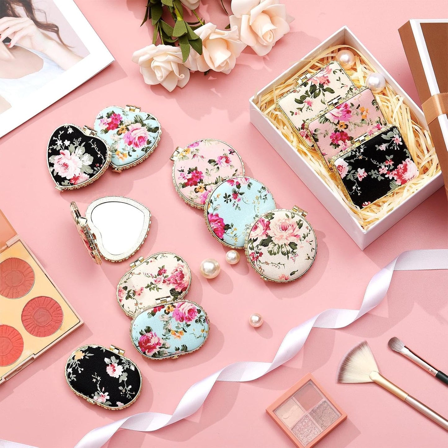 Blulu 16 Pcs Compact Mirrors for Purse Bulk Small Flower Pocket Mirror Vintage Portable Floral Folding Tea Party Favors Return Gifts for Women Christmas Birthday Wedding Makeup Travel(Gold Edge)