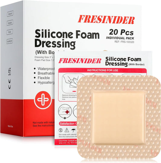 FRESINIDER Silicone Foam Dressing with Adhesive Border – Wound Dressing Bandage – Silicone Foam Pad – Pack of 20 – 3 x 3 Inches Large Waterproof Bandages – Self Adhesive Wound Care and Dressings