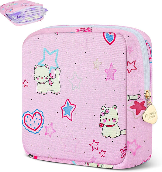 Desing Wish Sanitary Pad Storage Bag Portable Period Bag for Teen Pads/Sanitary Napkins/Small Tampons, Sanitary Napkin Storage Bag First Period Gifts for Teen Girls (Bowknot Star Cats)
