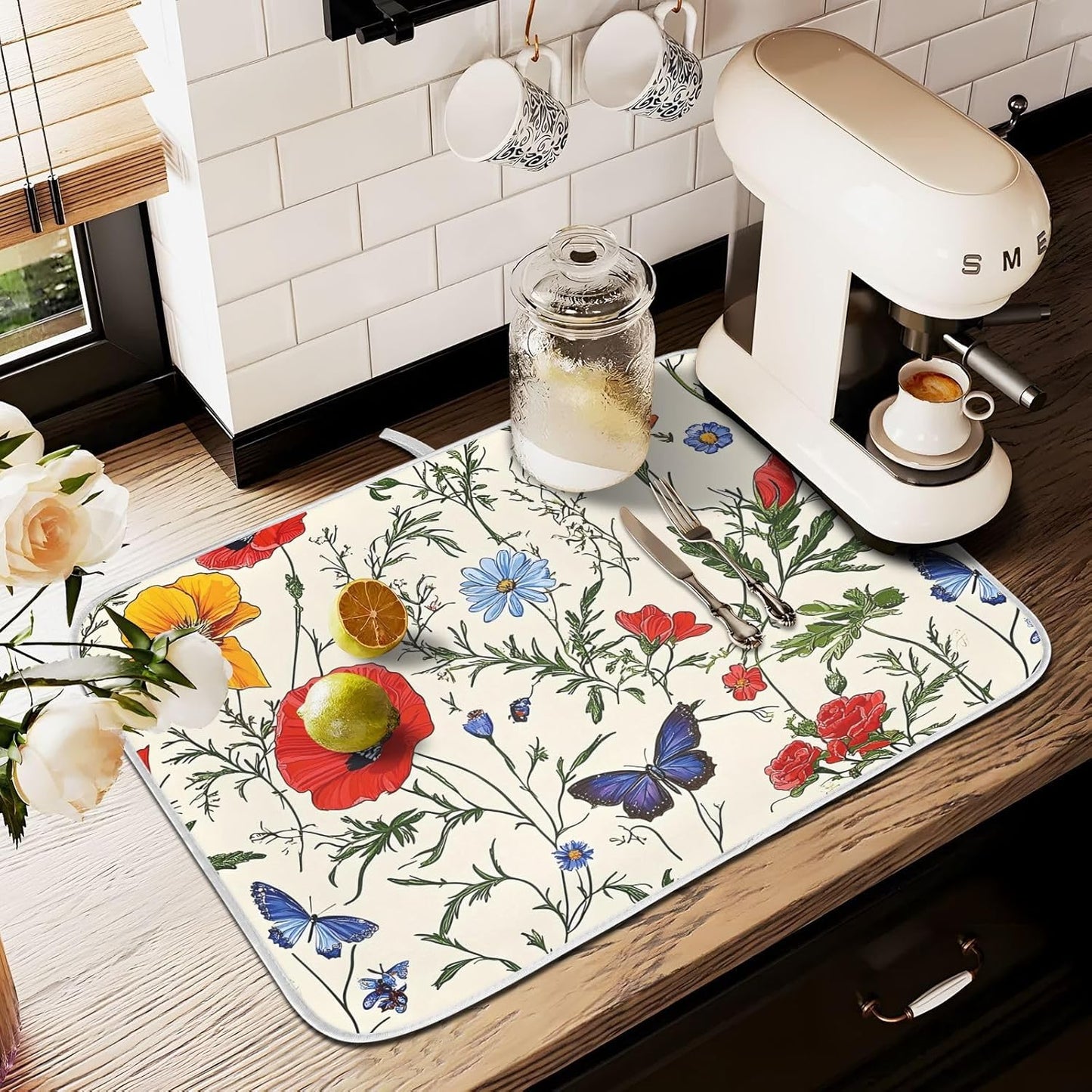 Butterfly Red Tulip Wildflower Dish Drying Mats for Kitchen Counter, 18x24 inch Drying Dishes Absorbent Microfiber Dish Drainer Mat Rack Pad Fast Dry