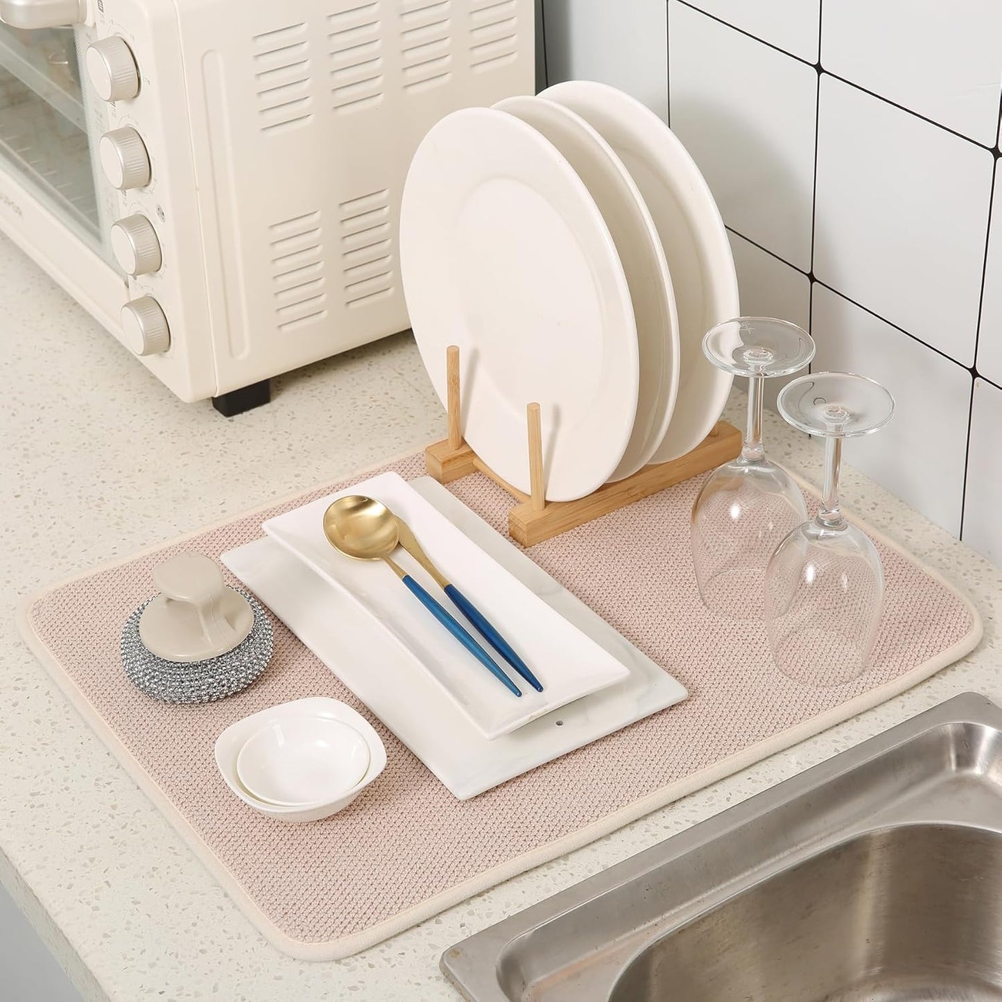 2 Pack Microfiber Dish Drying Mat for Kitchen Counter,Ultra Absorbent Dish Drainer Mat ,Dish Drying Pad ,Dish Rack Mat 20×15 Inch (Beige)