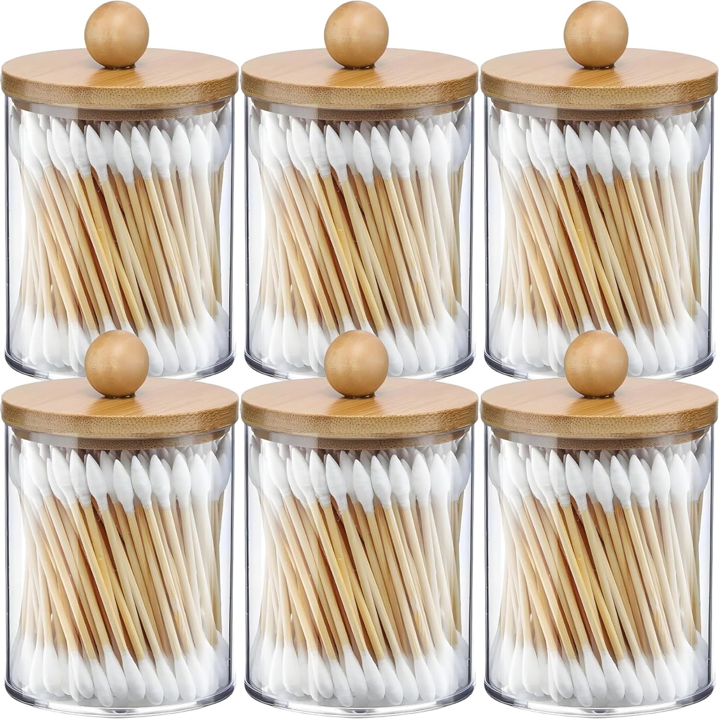AXX Qtip Dispenser Apothecary Jars Bathroom - Qtip Holder Storage Canister Clear Plastic Jar for Cotton Swab,Q-Tips,Cotton Rounds (Bamboo 6Pcs)