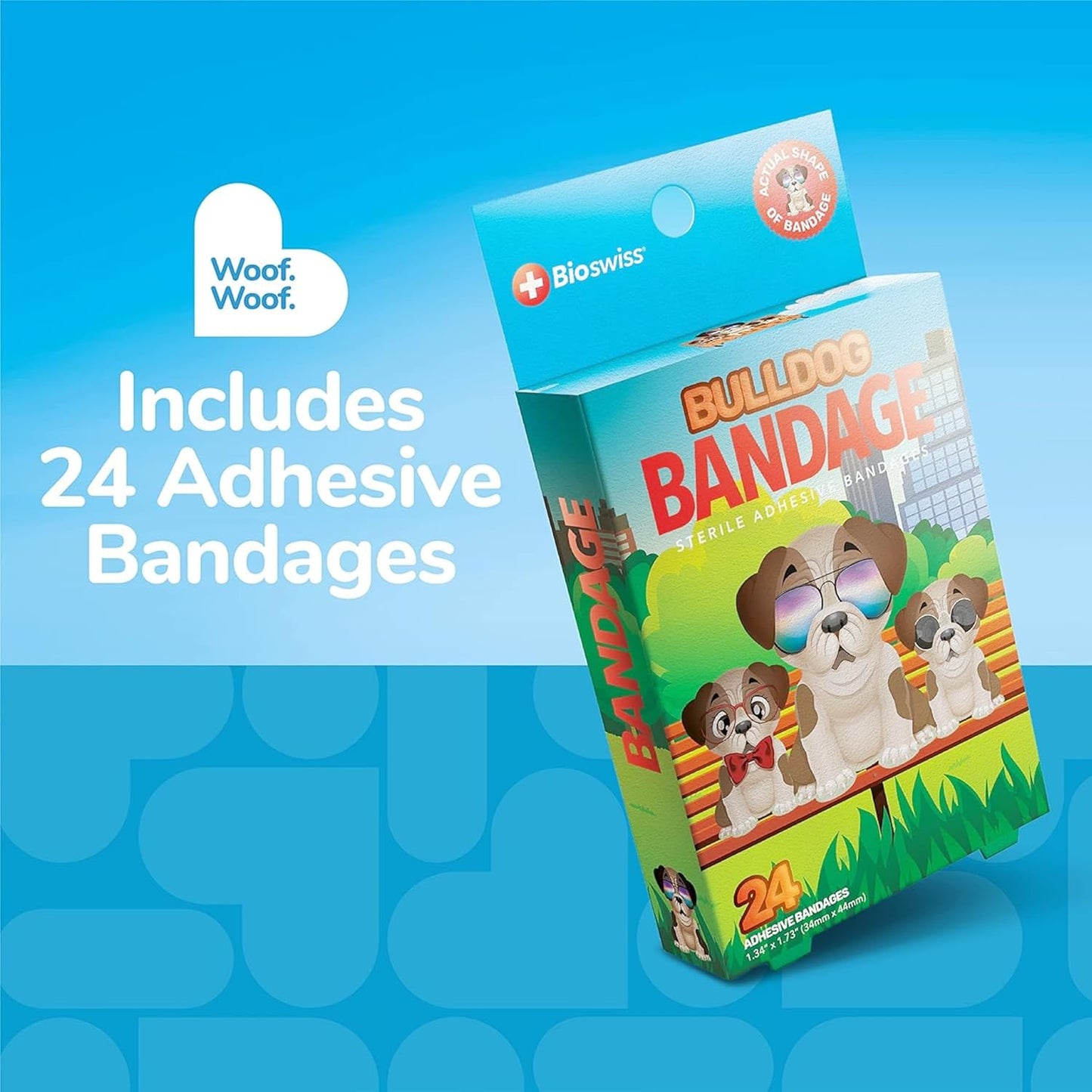 BioSwiss Kids Bandages, Bulldog Shaped Self Adhesive Bandage Set, Latex Free, Sterile Wound Care, 24 Count