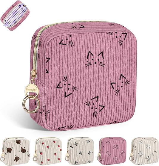 Period Bag for Teen Girls, Corduroy Cute Sanitary Napkin Storage Bag, Menstrual Pad Bag Tampon Holder for Purse