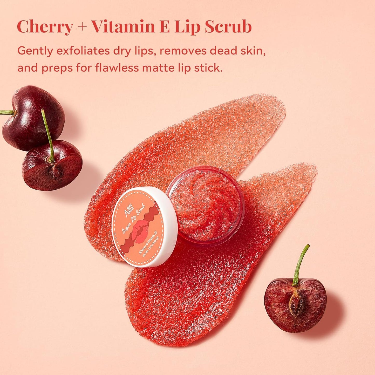 ANAI RUI Cherry Lip Scrub & Lip Mask Set, Vitamin E, Hyaluronic Acid & Shea Butter, Lip Scrubber Exfoliator,Hydrating Lip Mask Overnight, Sugar Scrub for Dry Chapped Lips, Stocking Stuffers for Women