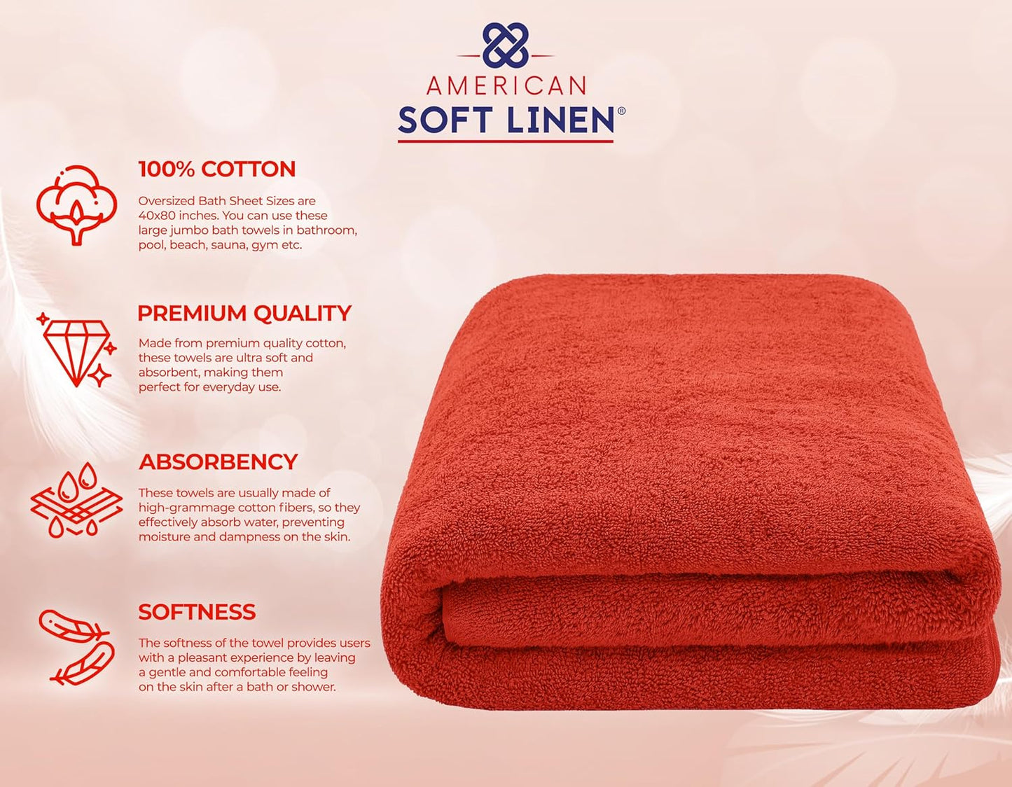 American Soft Linen Oversized Bath Sheet 40x80 Extra Large for Bathroom, 600 GSM 100% Cotton Turkish Jumbo Bathsheet Towels for Adults, Red Bath Sheet