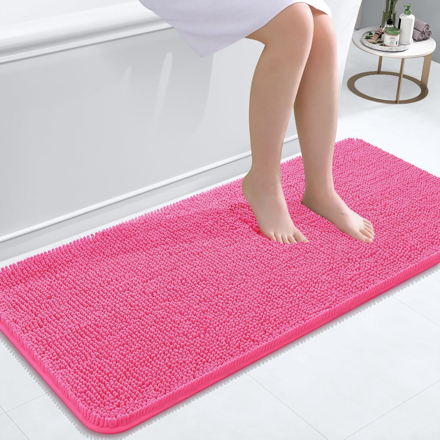 OLANLY Bathroom Rugs 47x20, Extra Soft Absorbent Chenille Bath Rugs, Rubber Backing Quick Dry, Machine Washable Bath Mats for Bathroom Floor, Tub and Shower, Home Decor Accessories, Hot Pink