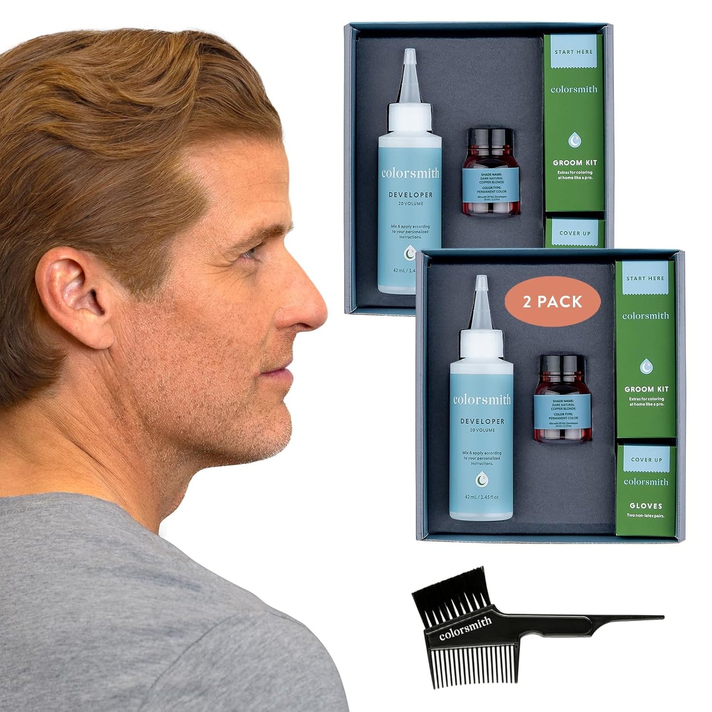 Hair & Beard Color for Full Gray Coverage 2 pack - Dark Natural Copper Blonde - Ammonia-Free Complete Men’s At-home Beard & Hair Dye Kit, Professional-grade Permanent Hair Color (7.04)