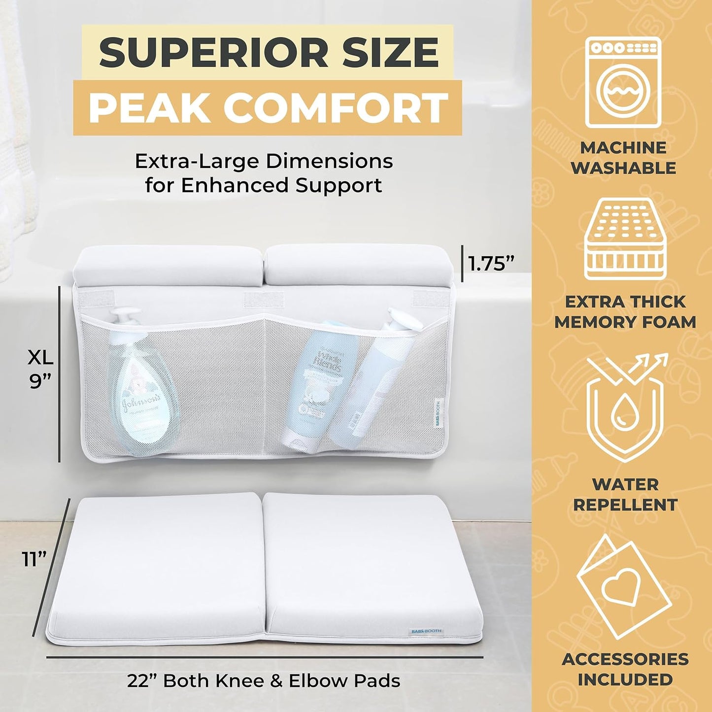 Bath Kneeler and Elbow Rest Pad, Extra Thick Baby Bath Kneeling Pad and Elbow Pad for Bathtub. Bath Tub Elbow Pad with Infant Toy and Baby Accessories Organizer, Off White Color