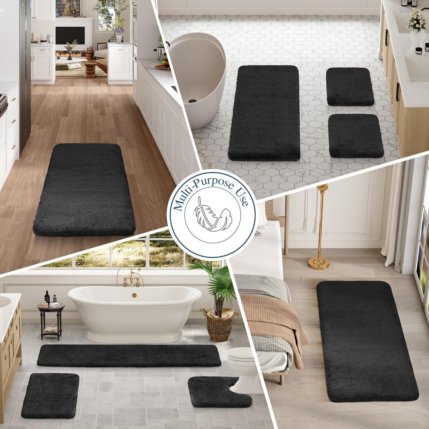 Walensee Large Bathroom Rug (24 x 60, Black) Extra Soft and Absorbent Shaggy Bath Mat Machine Washable Microfiber Non Slip Luxury Floor Mat