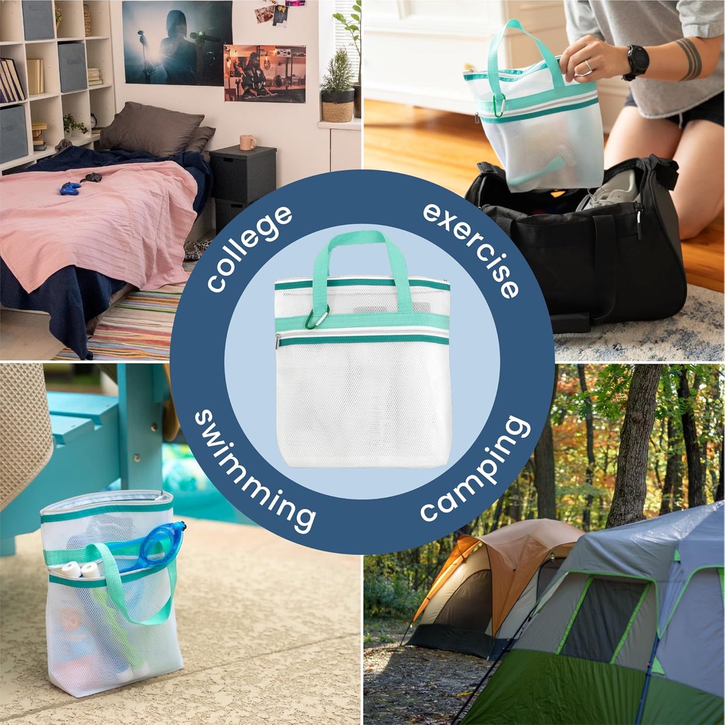 S&T INC. Mesh Shower Caddy, Shower Bag for Dorm Room Essentials, Gym Bag, Camping and More, Two Zippered Pockets, White and Teal, 10 Inches x 10 Inches