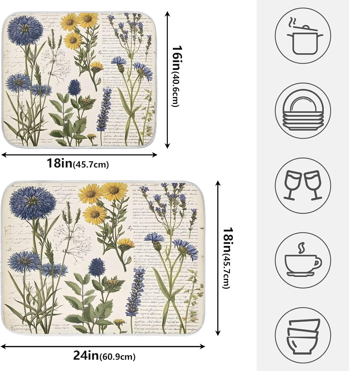 Page Wildflower Vintage Dish Drying Mats for Kitchen Counter, 18x24 inch Drying Dishes Absorbent Microfiber Dish Drainer Mat Rack Pad Fast Dry