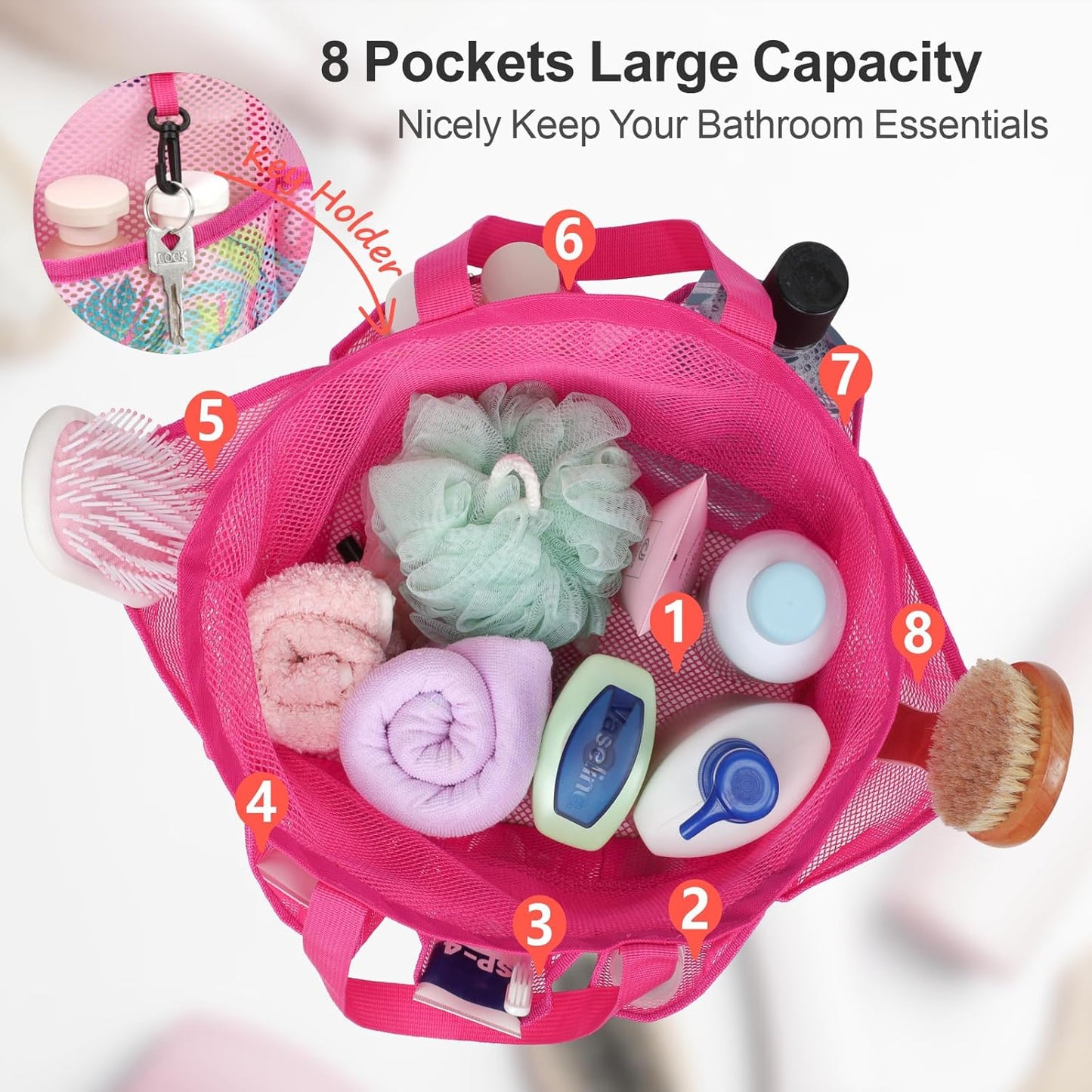 F-color Mesh Shower Caddy Portable with Drawstring - Upgrade Deeper 7 Pockets Dorm Room Essentials for Guys Girls with S Hook, Shower Bag Basket Tote for College Camping Toiletry Bathroom, Rose red