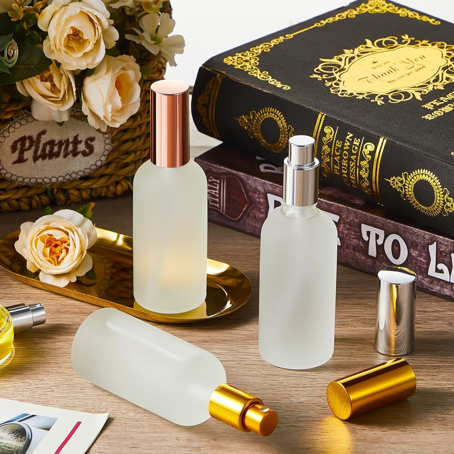 Roshtia 30 Pcs 3.4 oz/ 100 ml Gold, Silver, Rose Gold Glass Spray Bottle Refillable Perfume Atomizer Clear Decorative Empty Bottles with Fine Mist Sprayer Pump for Face Body Travel