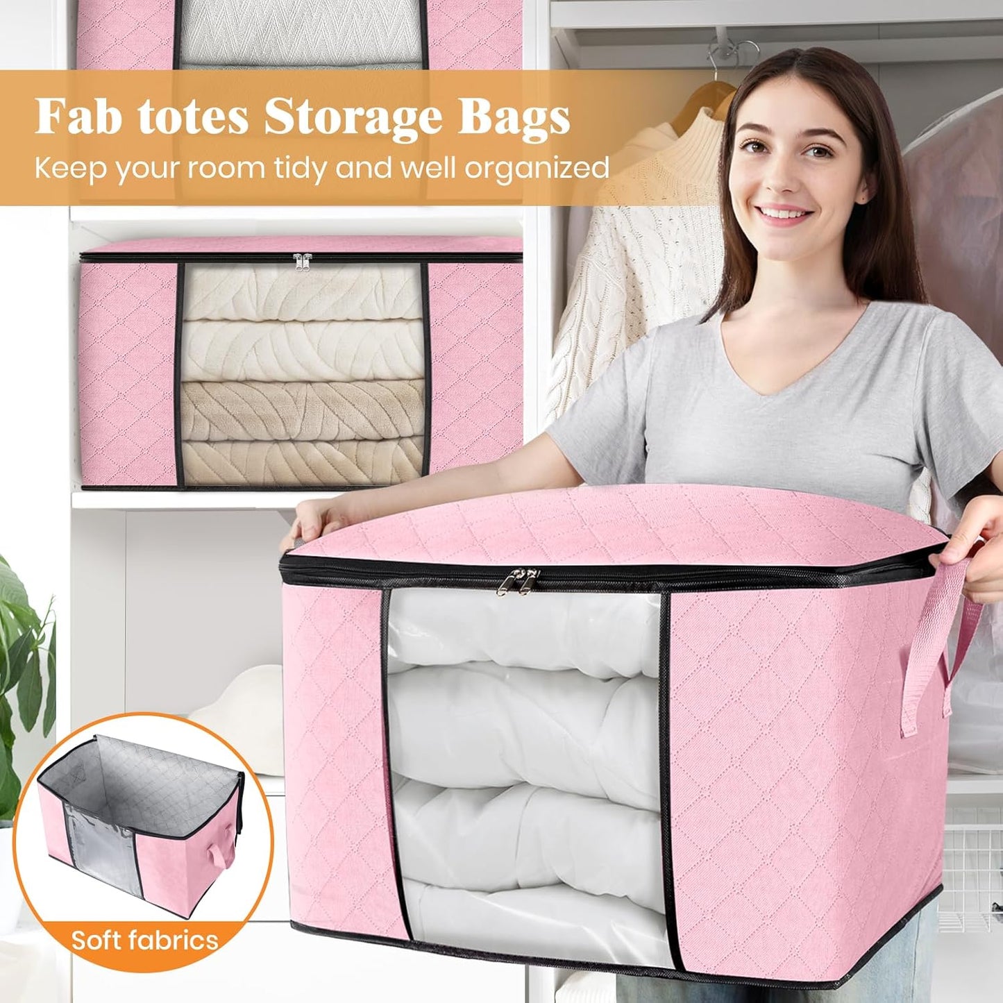 Fab totes 24 Gallons Clothes Storage, Foldable Thick Fabric Blanket Storage Bags, Containers for Organizing Bedroom, Closet, Clothing, Comforter, Organization with Handle (4 Pack,Pink)