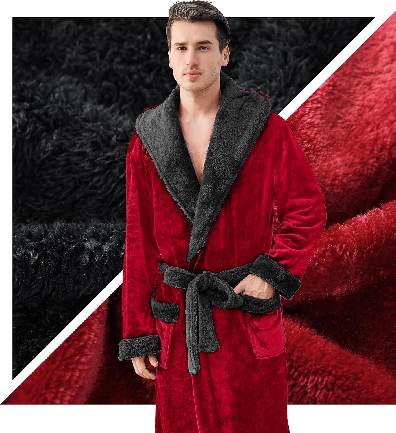 Inner Wish Mens Hooded Robe, Plush Long Bath robes Cozy Warm Bathrobe Fuzzy male Spa Robe With Pockets