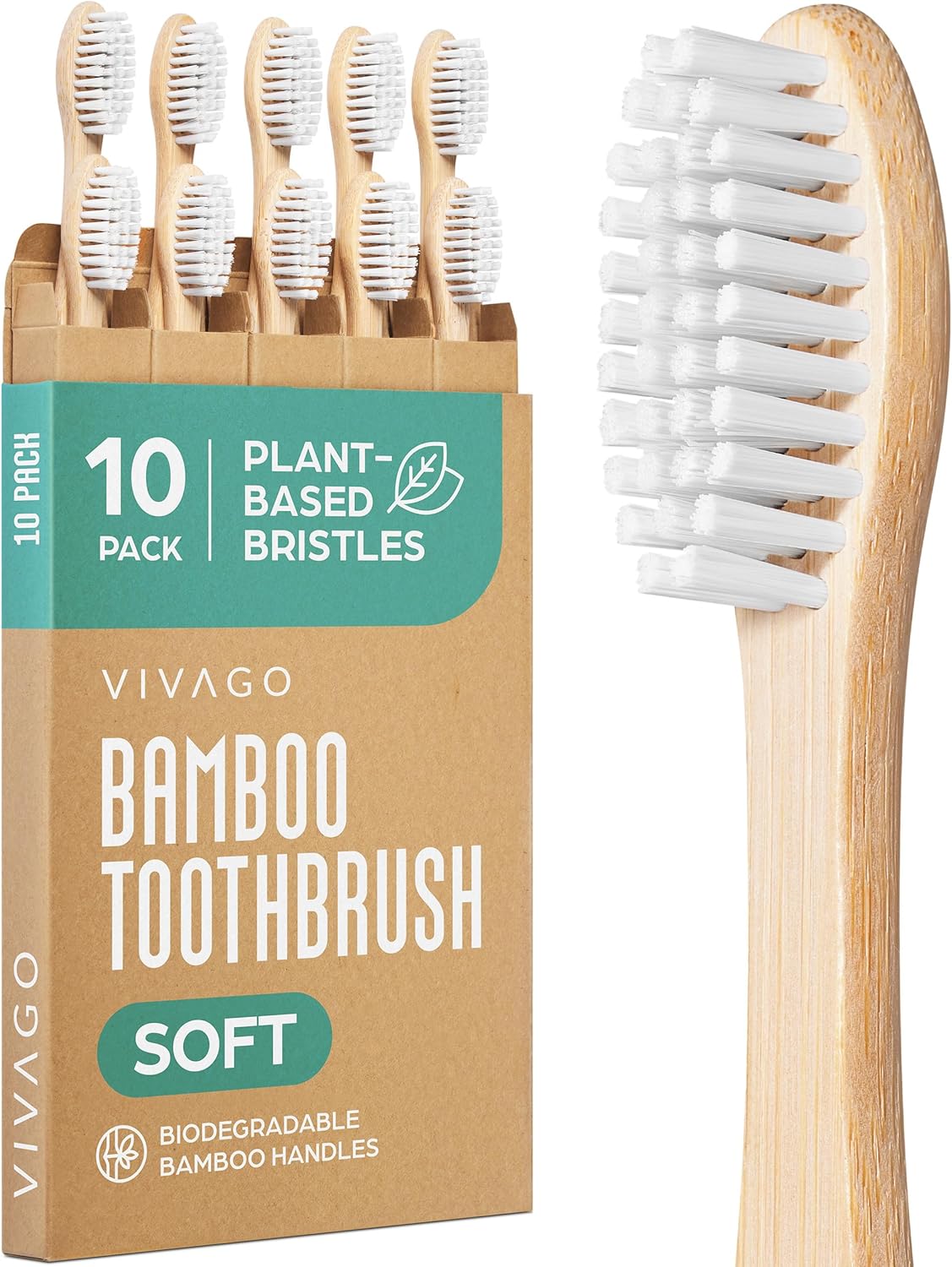 Bamboo Toothbrushes 10 Pack – Natural Toothbrushes, Plant-Based Soft Bristles – Eco-Friendly Wooden Toothbrush