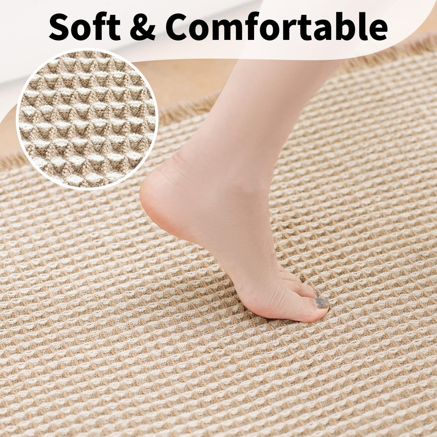 Waffle Bath Mat - Boho Bathroom Rugs Non Slip Washable, Super Absorbent & Quick Dry, Soft Bath Mat Farmhouse Bathroom Decor, 20'' x 32'', Khaki and White