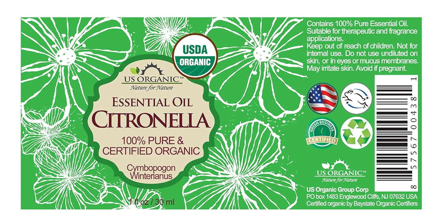 US Organic Citronella Essential Oil, USDA Certified, 100% Pure, 30 ml, Improved caps and droppers – Used for Skin Care, DIY Projects Like Candle Making and Much More