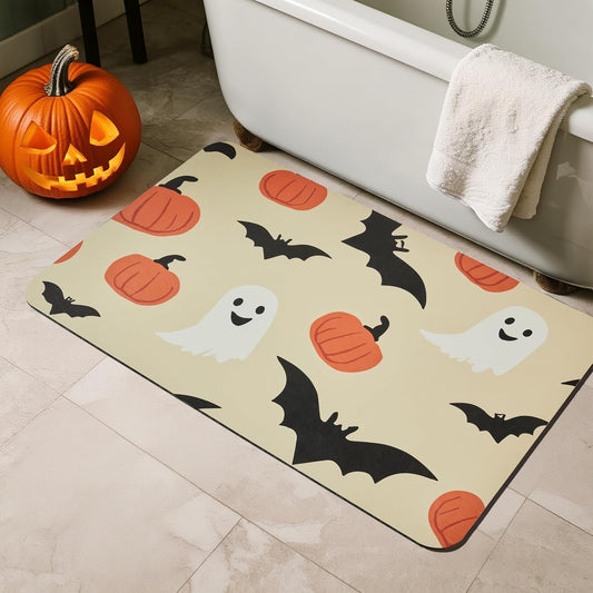 Halloween Bath Mat, Thin Bathroom Rug Non Slip Quick Dry Pumpkin Bath Mat Fits Under Door Thin Floor Mat Halloween Decor, 24''x36'', Pumpkins Bats and Ghost