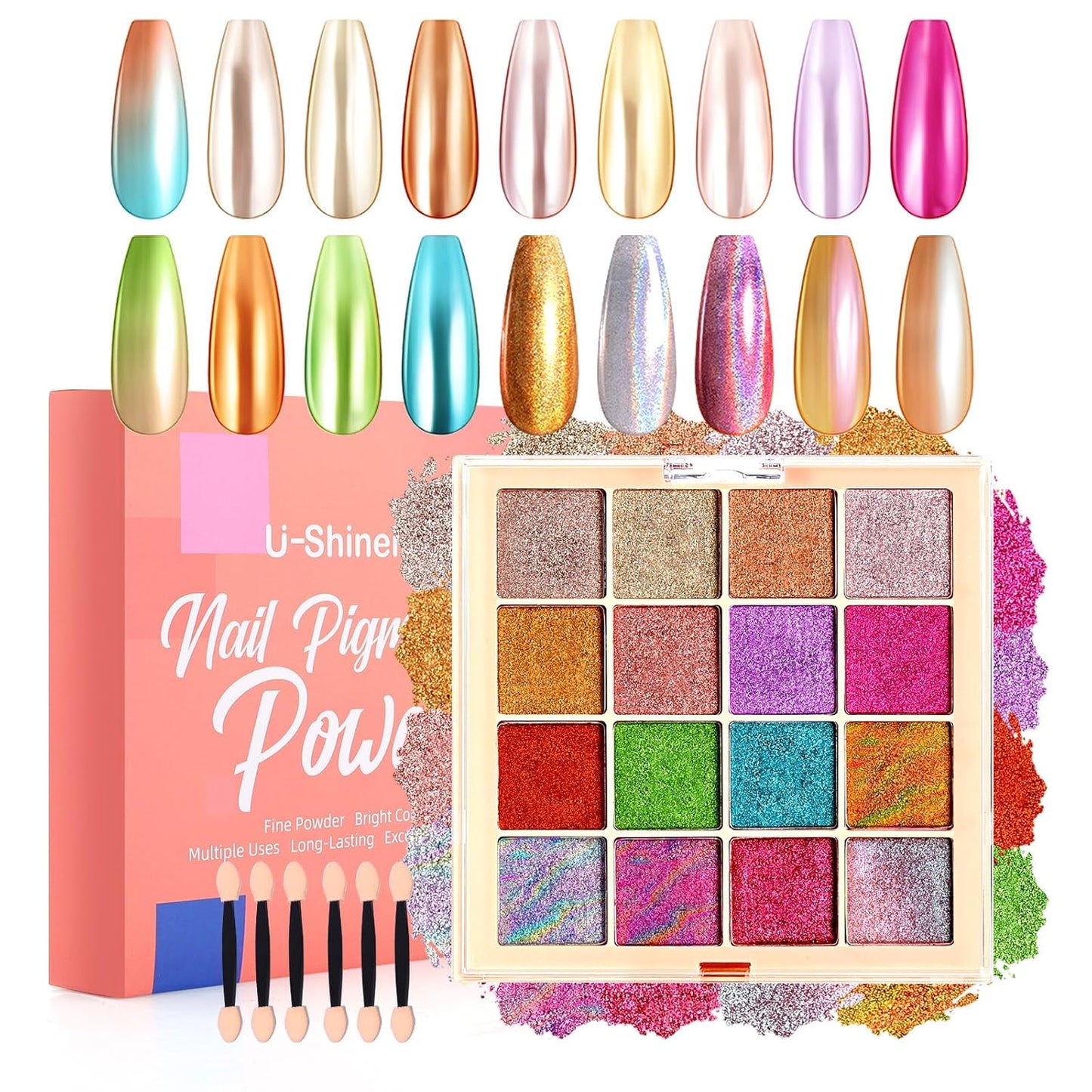 Chrome Nail Powder Palette, 16 Glitter Laser Metal Mirror Effect Aurora Iridescent Holographic Gold Silver Bright Colors Ombre Nail Pigment Powder Kit French Nails Manicure DIY Accessories