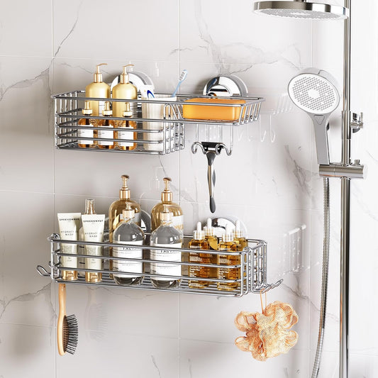LEVERLOC Shower Caddy Suction Cup, 2 Pack Heavy Duty Bathroom Organizer for Inside Shower with Hooks & Soap Holder, Removable and Rustproof Silver Bathroom Holder Storage