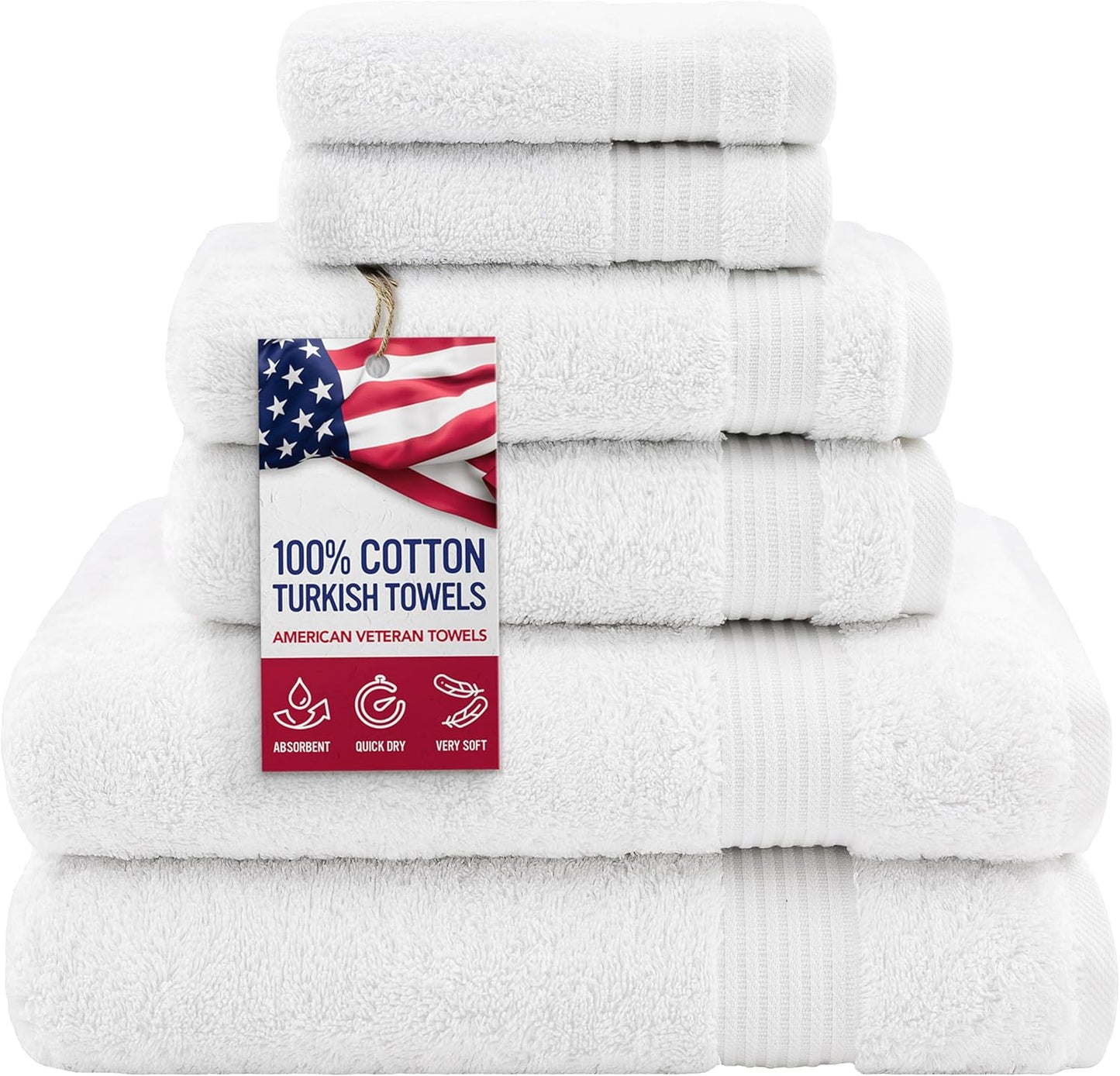 Hotel & Spa Quality Super Absorbent and Soft, Cotton, 6 Piece Turkish Towel Set for Kitchen and Decorative Bathroom, Includes 2 Bath Towels 2 Hand Towels 2 Washcloths, Snow White