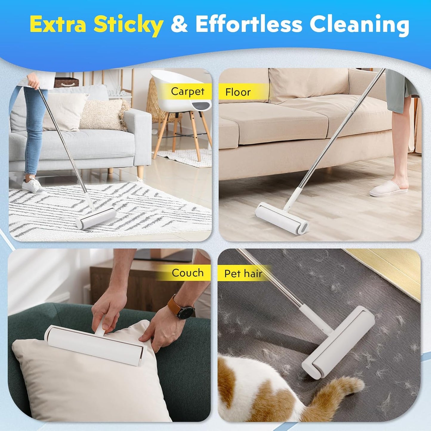 9.49'' Large Lint Rollers for Carpet and Floor, Extra Sticky Giant Rollers with 50'' Long Handle for Carpets, Couch, Floor, Clothing, and Pet Hair Cleaning(1 Pack Floor Roller)