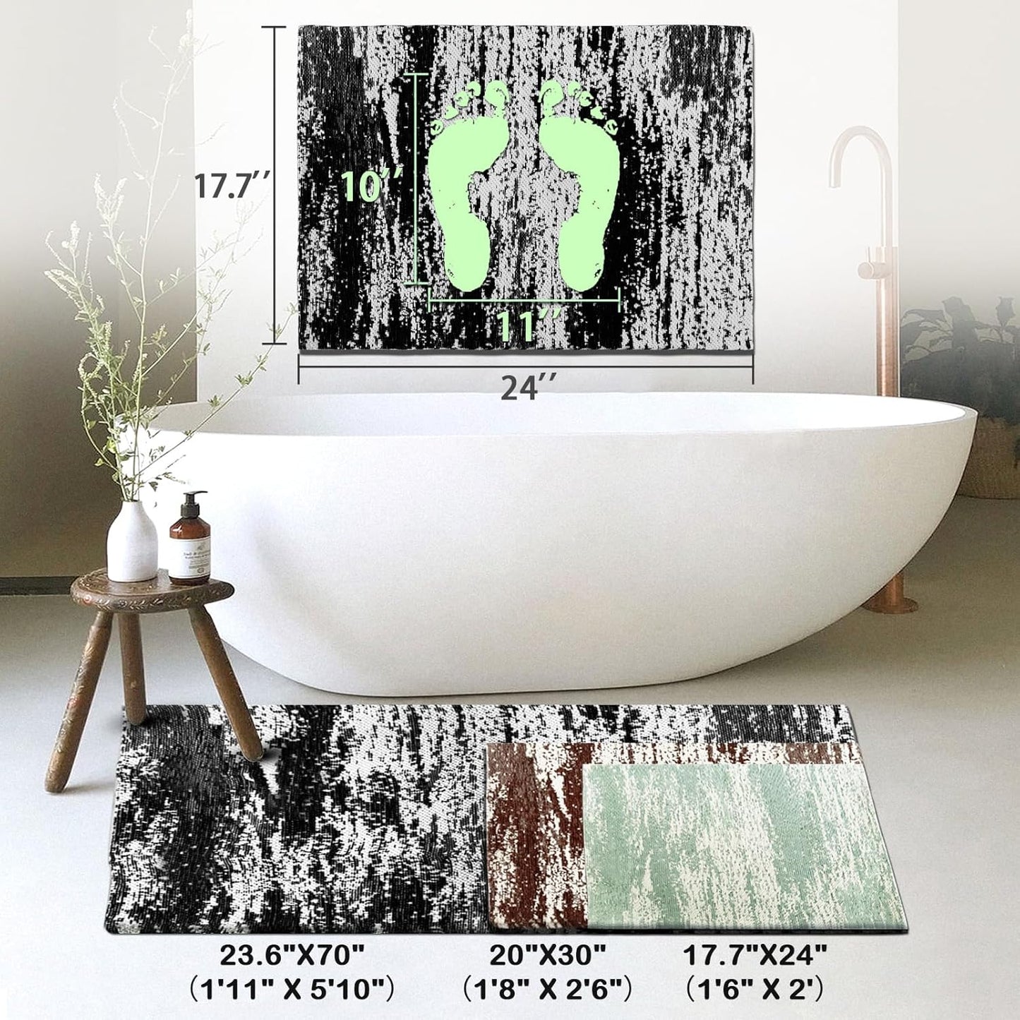 HDFK Graffiti Bath Mat | Non Slip Water Absorbent Quick Dry Woven Floor Mats | Thin Machine Washable Modern Shower Rug | Low Pile Profile Fit Under Door Vanity Bathroom Rugs | 30x20 Inch Sage Green