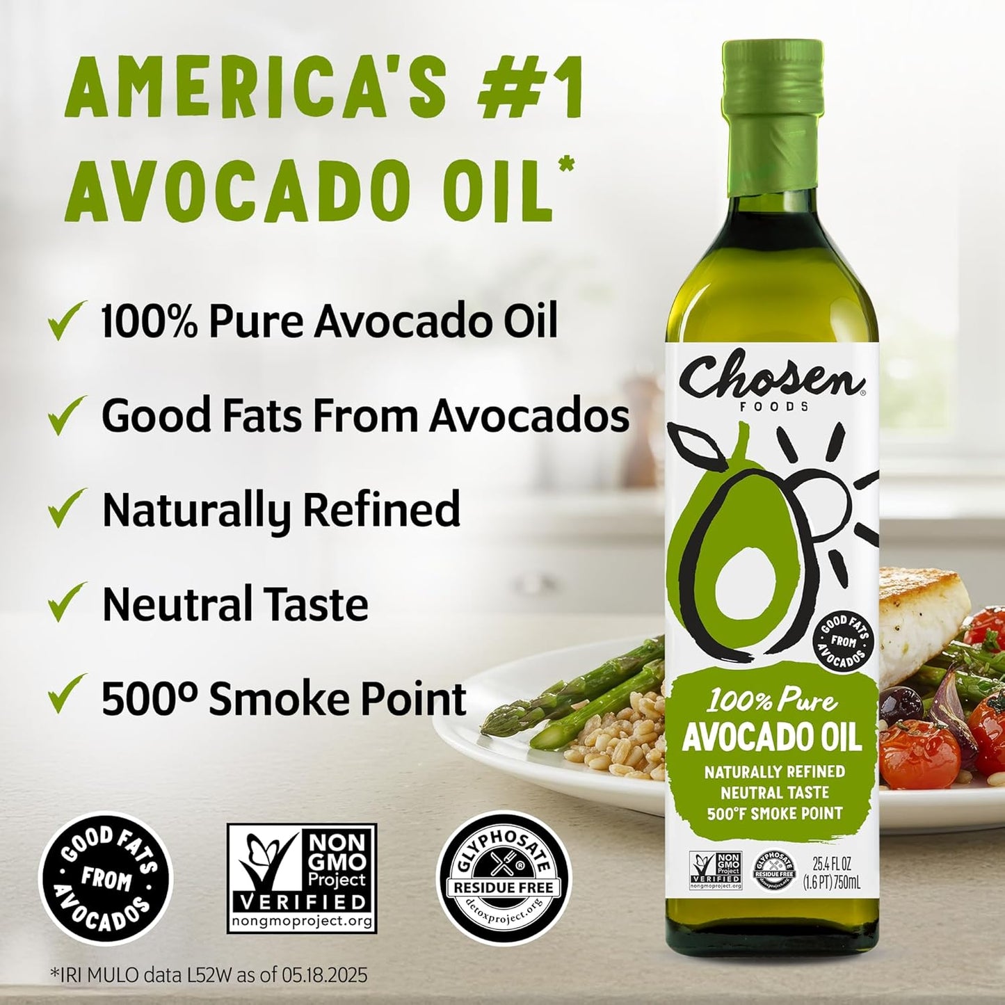 Chosen Foods 100% Pure Avocado Oil for Cooking - 25.4 floz - Rich in Good Fats, Naturally Refined, High Smoke Point, Non-GMO, Soy-Free, Canola Oil-Free, Gluten-Free, Keto + Recipe eBook