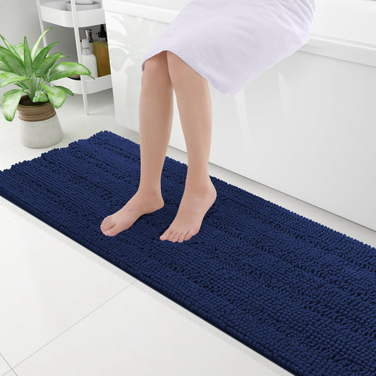 Grandaily Chenille Striped Bathroom Rugs 59x20, Extra Thick and Absorbent Bath Mats, Non-Slip Soft Plush Shaggy Shower Carpet, Machine Wash Dry, Bath Rug for Bathroom, Navy