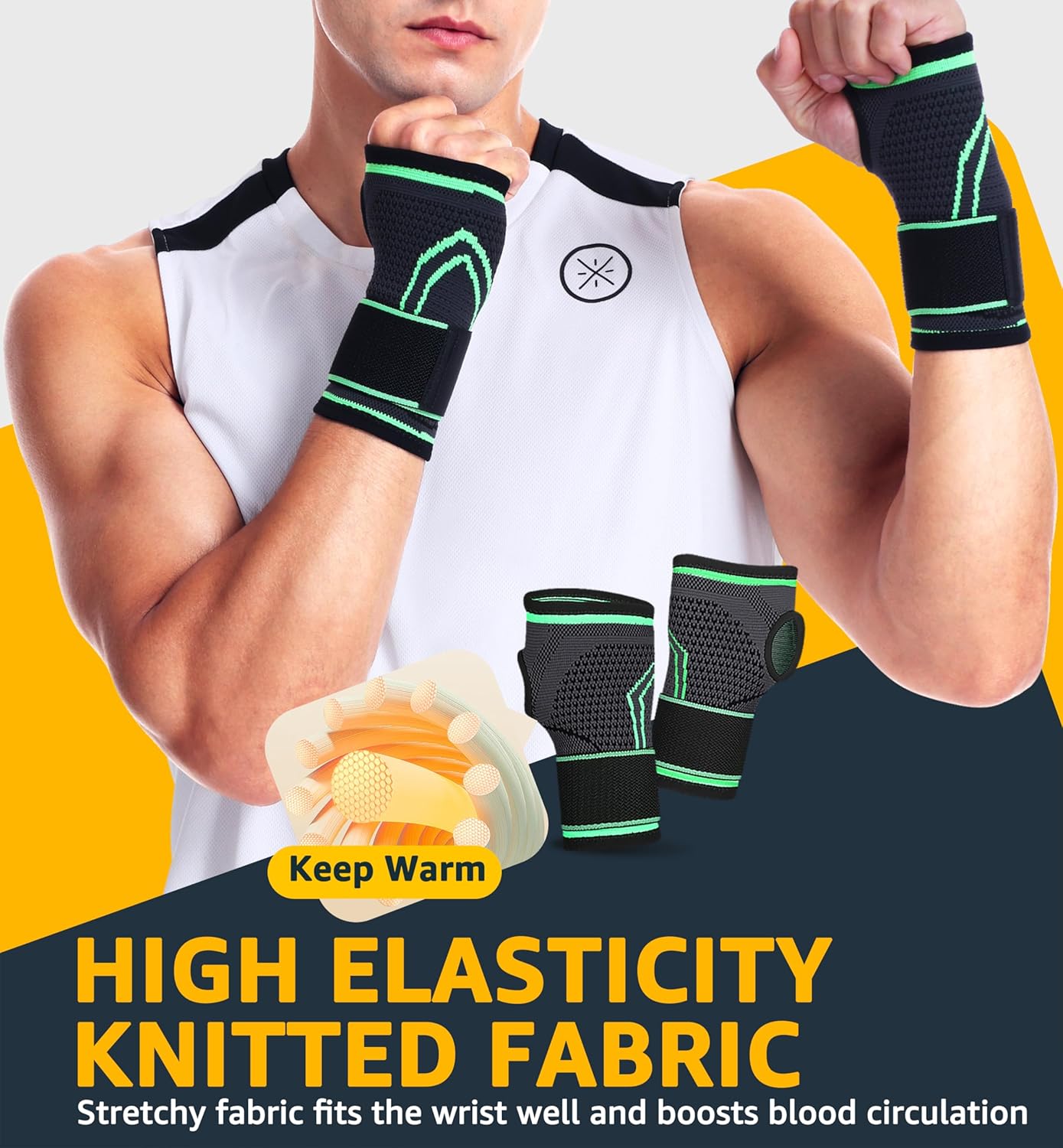 HiRui 2-Pack Wrist Brace Wrist Wraps, Hand Compression Sleeves with Wrist Straps Support for Fitness Weightlifting MTB Tendonitis Carpal Tunnel Arthritis Pain Relief (Green, Medium)