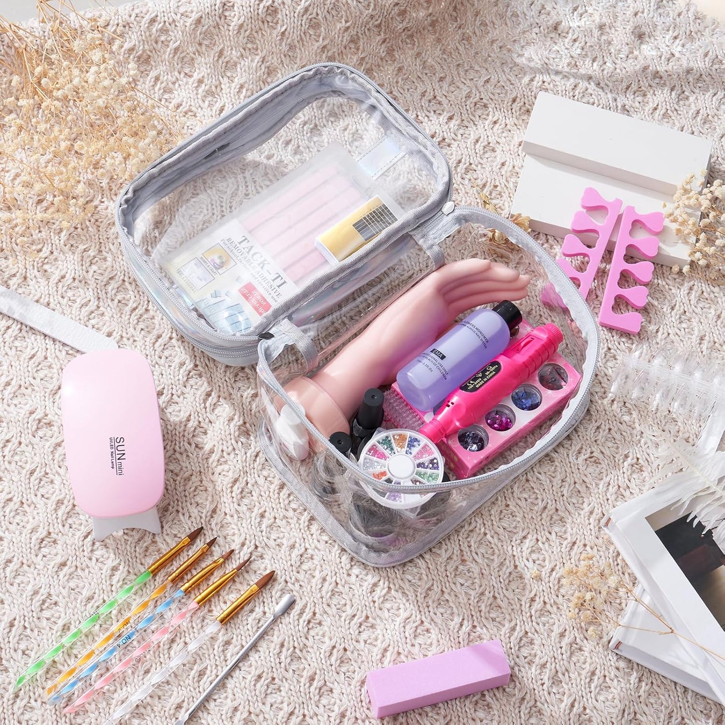 Acrylic Nail Kit for Beginners with Everything: Practice Nail Hand Acrylic Nail Powder Liquid Set with U V Lamp Drill in Gift Bag for Home (Sliver Bag)