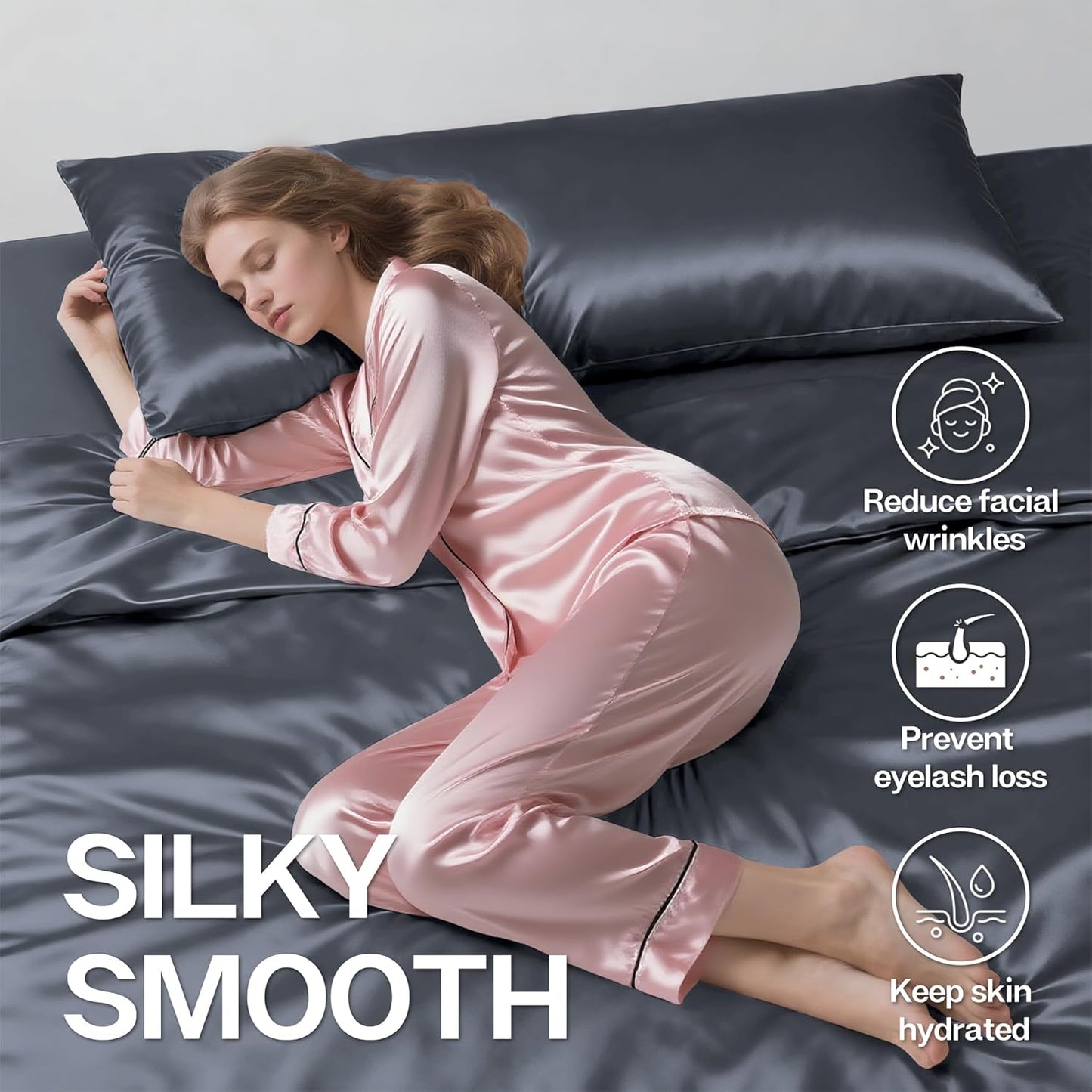 MR&HM Satin Body Pillow Cover, Soft and Breathable Body Pillow Case with Envelope Closure, Cooling and Silky Long Pillowcase for Hair and Skin,Grey (20x54, Space Grey)