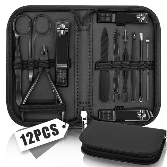 Manicure Set Nail Clipper Kit Pedicure Manicure Kit 12 In 1 Professional Pedicure Set Women Mens Personal Care Set with Travel Case Black