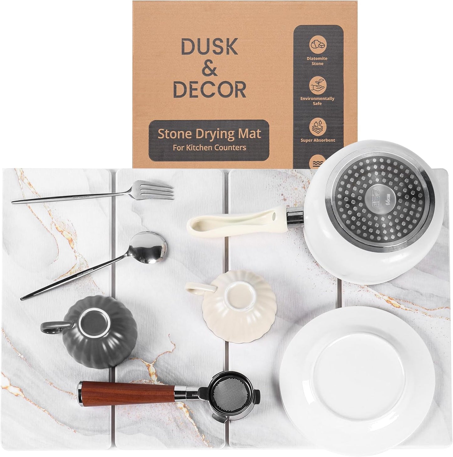 Dusk & Decor Folding Stone Dish Drying Mat – Quick-Drying Diatomaceous Earth Kitchen Mat for Counter – Foldable, Non-Slip Diatomite Sink Tray for Dishes and Utensils - White