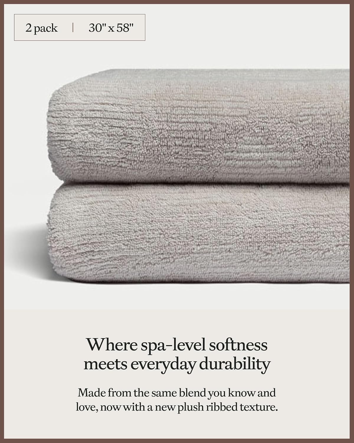 Cozy Earth Ribbed Bath Towel Set - 60% Cotton 40% Viscose from Bamboo Bathroom Towels - Soft & Absorbent Textured Ribbed Pattern - 2 Pack Light Grey