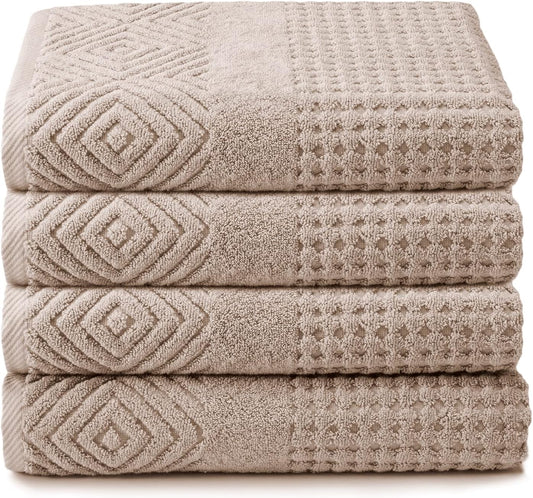 Texere 100% Organic Cotton Diamond Jacquard 700 GSM Luxury Bath Towel Sets - Ultra Soft and Absorbent Hotel and Spa Quality (Diamond, Oxford Tan, 4 Bath Towels)